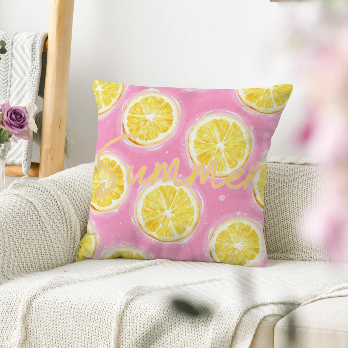 Summer Lemon Throw Pillow Covers 18x18 Inch Set of 2, Pink Citrus Decorative Pillowcases, Double-Sided Print Farmhouse Couch Cushion Covers for Sofa Bed Home Decor