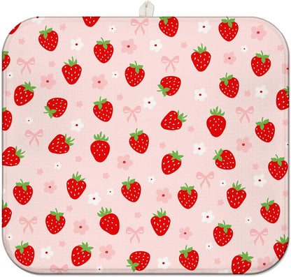 Strawberry Dish Drying Mat for Kitchen Counter,Pink Cute Floral Bow Microfiber Drying Mat,Washable Absorbent Kitchen Countertop Dish Draining Mat,16×18Inch