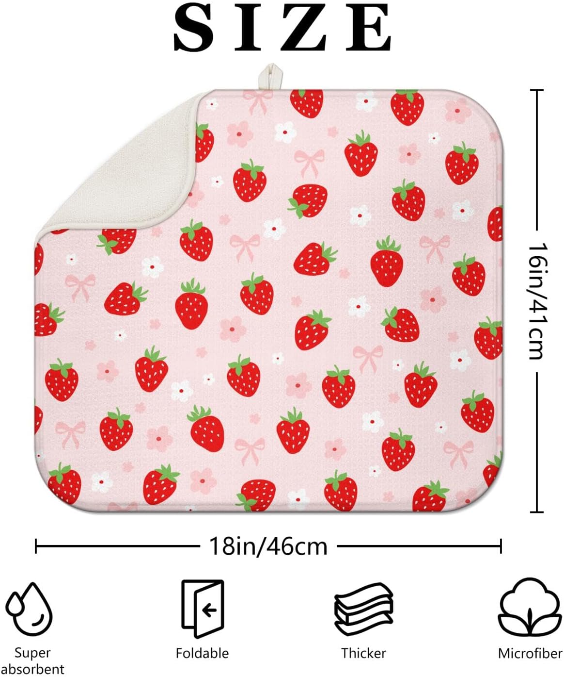 Strawberry Dish Drying Mat for Kitchen Counter,Pink Cute Floral Bow Microfiber Drying Mat,Washable Absorbent Kitchen Countertop Dish Draining Mat,16×18Inch