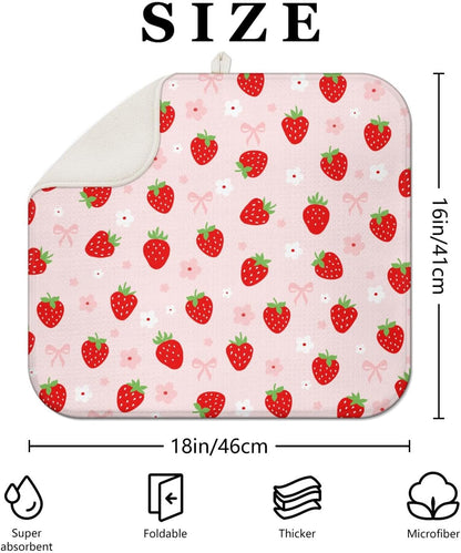 Strawberry Dish Drying Mat for Kitchen Counter,Pink Cute Floral Bow Microfiber Drying Mat,Washable Absorbent Kitchen Countertop Dish Draining Mat,16×18Inch