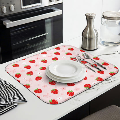 Strawberry Dish Drying Mat for Kitchen Counter,Pink Cute Floral Bow Microfiber Drying Mat,Washable Absorbent Kitchen Countertop Dish Draining Mat,16×18Inch