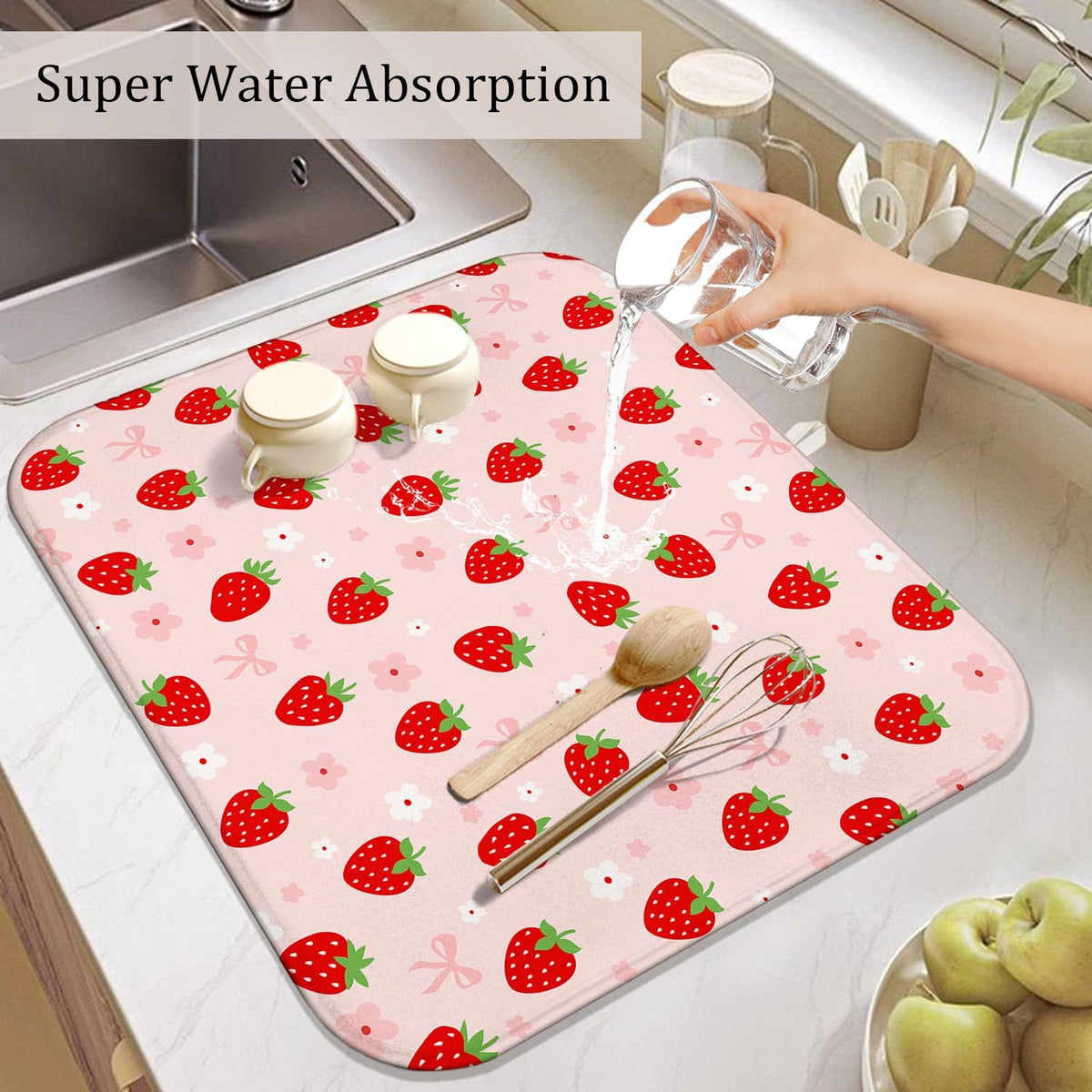 Strawberry Dish Drying Mat for Kitchen Counter,Pink Cute Floral Bow Microfiber Drying Mat,Washable Absorbent Kitchen Countertop Dish Draining Mat,16×18Inch