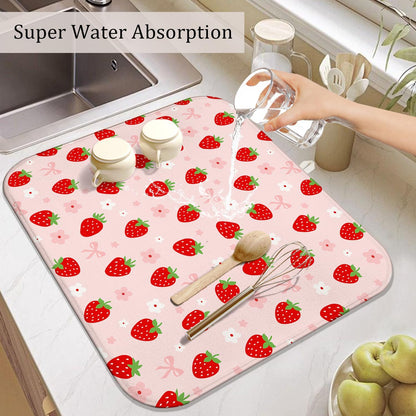 Strawberry Dish Drying Mat for Kitchen Counter,Pink Cute Floral Bow Microfiber Drying Mat,Washable Absorbent Kitchen Countertop Dish Draining Mat,16×18Inch