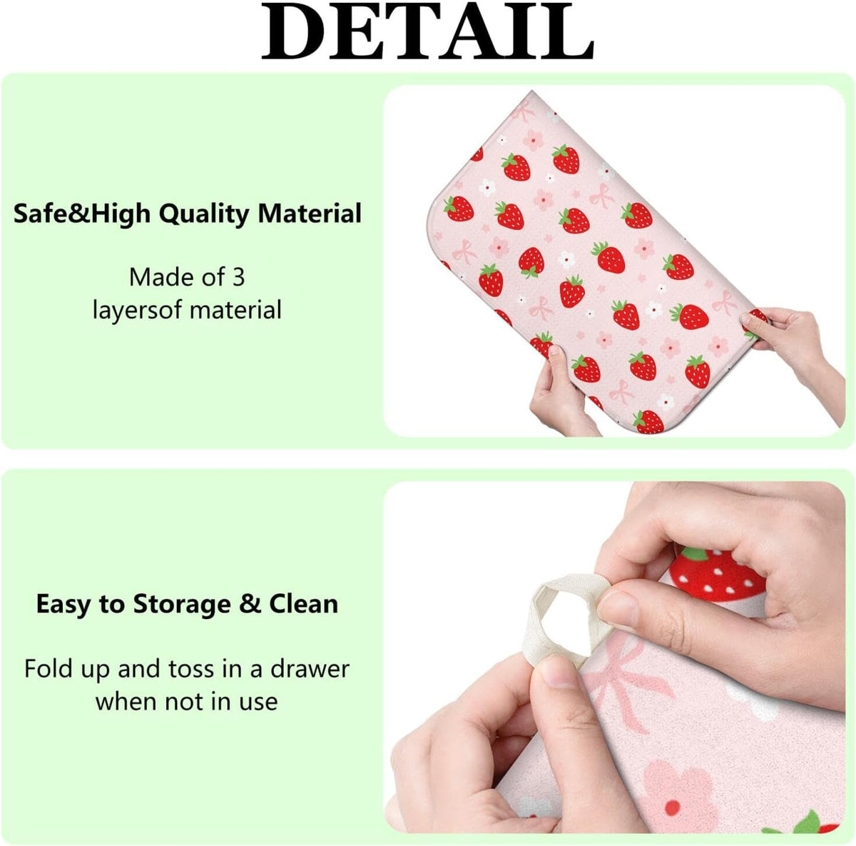Strawberry Dish Drying Mat for Kitchen Counter,Pink Cute Floral Bow Microfiber Drying Mat,Washable Absorbent Kitchen Countertop Dish Draining Mat,16×18Inch
