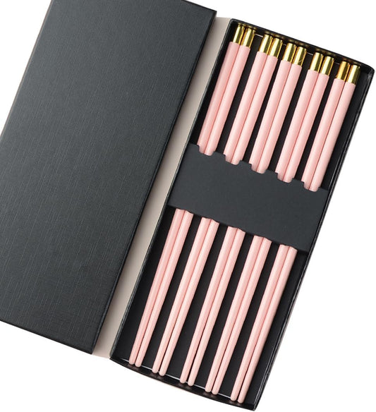 Japanese Porcelain Chopsticks Set Gift Box,5 Pairs Premium Reusable Dishwasher Safe Chopsticks Gift Set with Case, High-Grade Bone Ceramics Non-Slip Round Chopsticks Pink