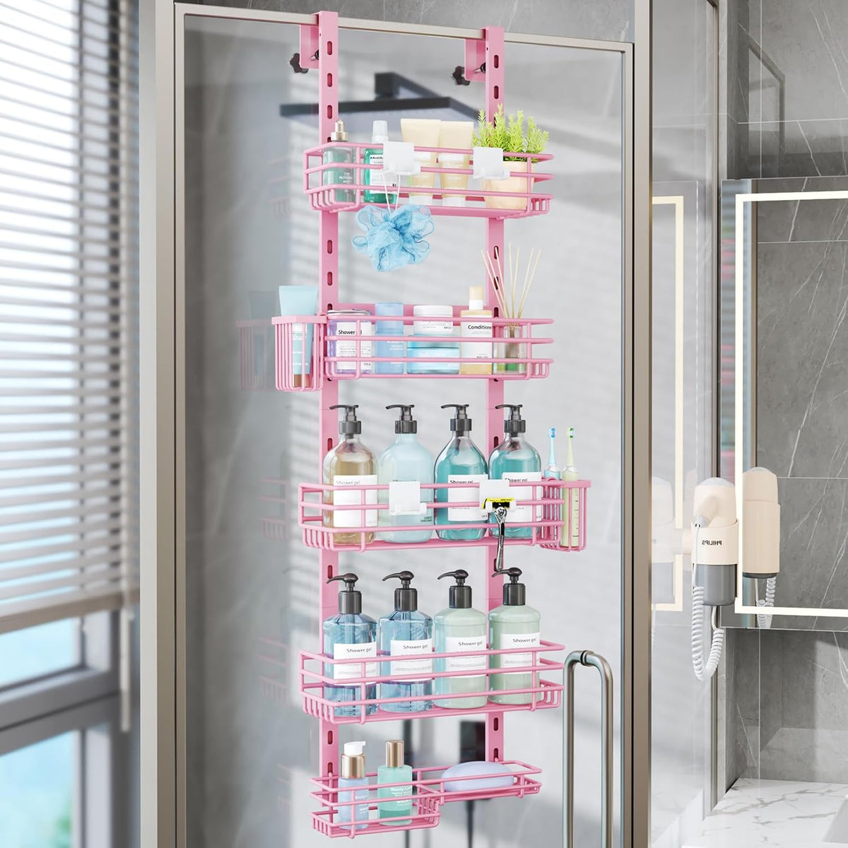 Over The Door Shower Caddy - 5 Tier Adjustable Shower Organizer Hanging with 2 Toothbrush Holders & 4 Hooks, Rustproof Organizer Shelf, Storage Rack for Bathroom, Pink