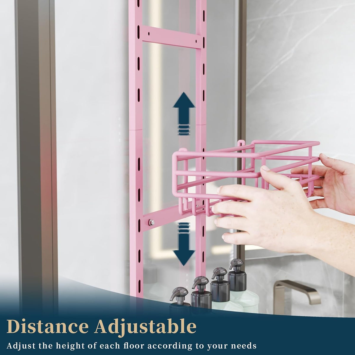 Over The Door Shower Caddy - 5 Tier Adjustable Shower Organizer Hanging with 2 Toothbrush Holders & 4 Hooks, Rustproof Organizer Shelf, Storage Rack for Bathroom, Pink