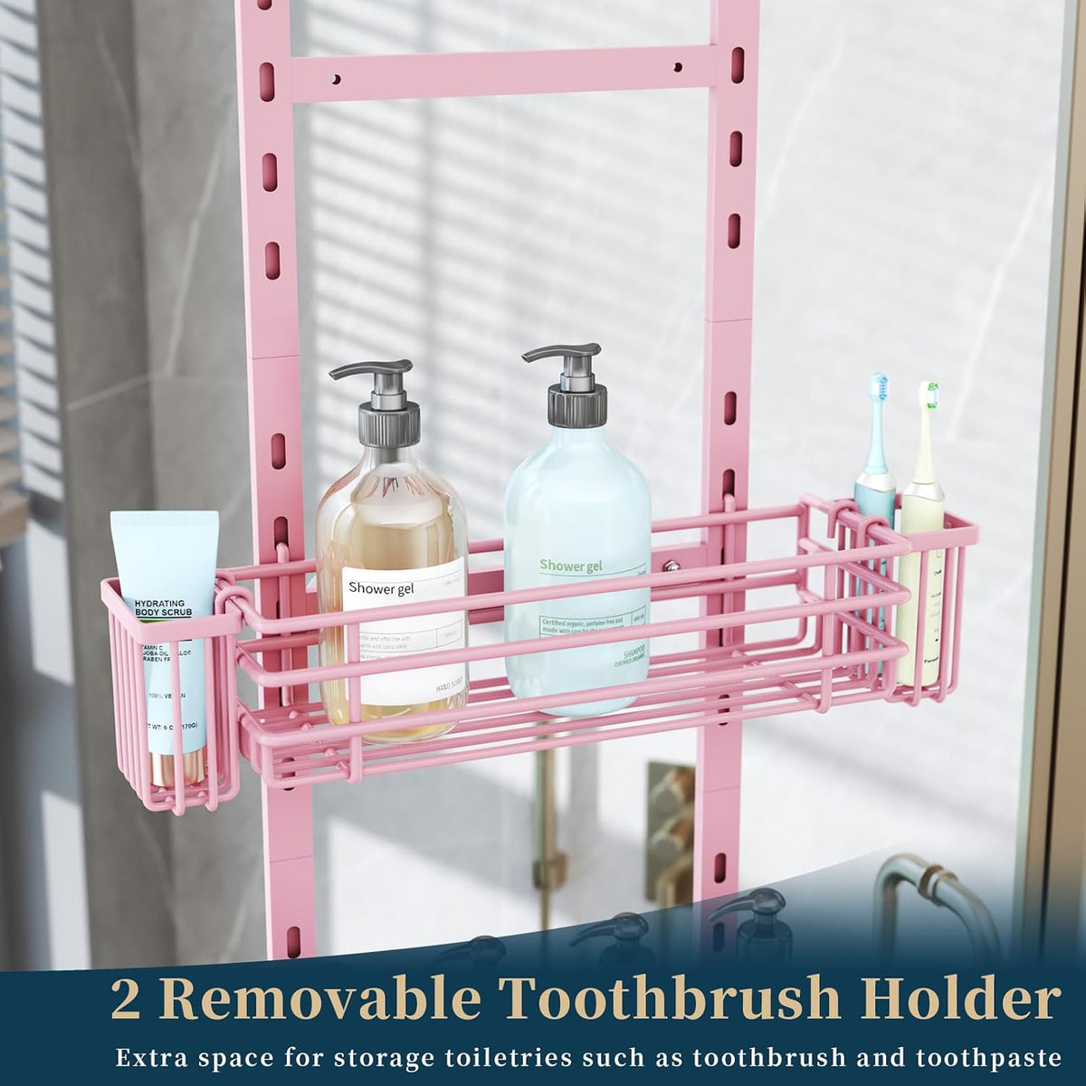Over The Door Shower Caddy - 5 Tier Adjustable Shower Organizer Hanging with 2 Toothbrush Holders & 4 Hooks, Rustproof Organizer Shelf, Storage Rack for Bathroom, Pink