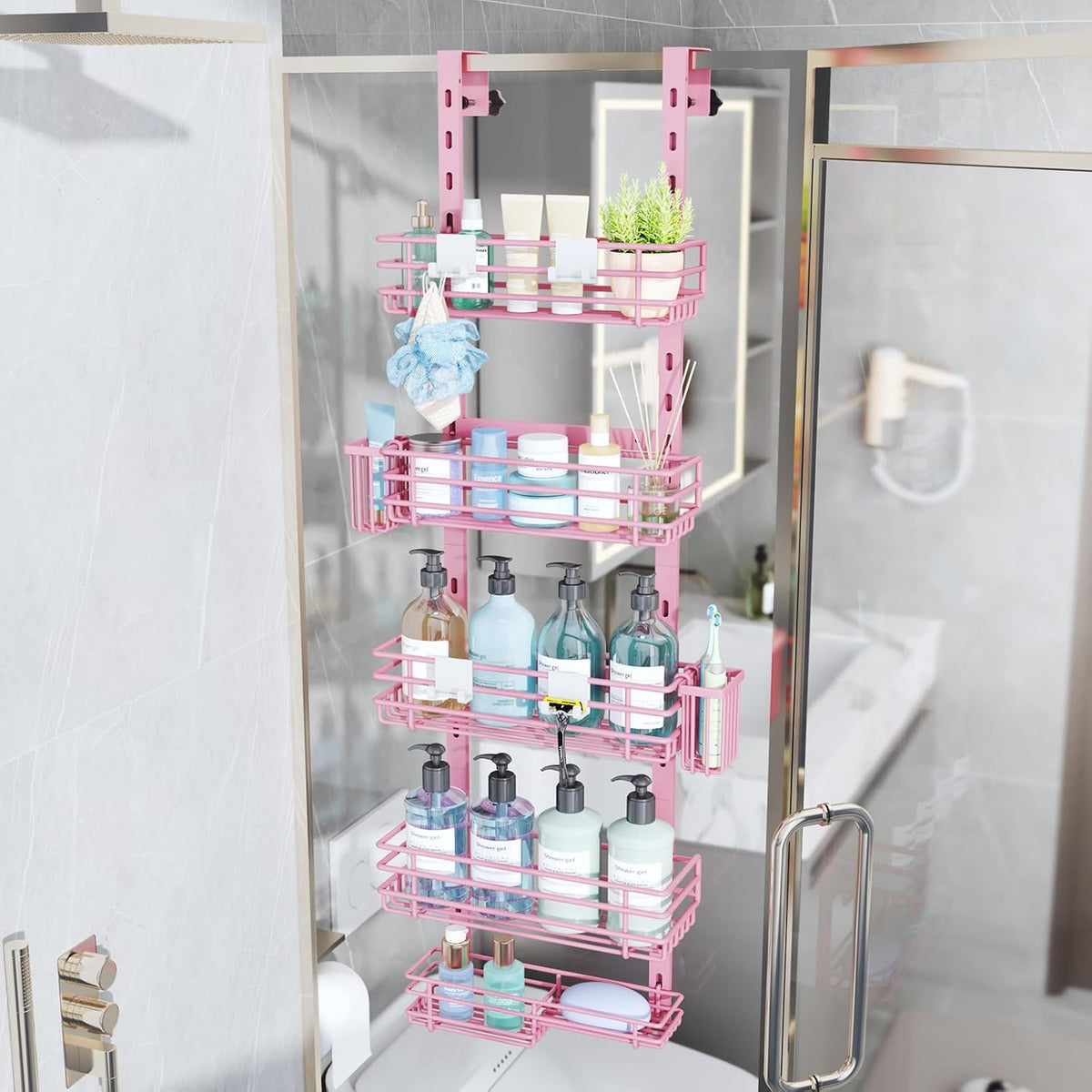 Over The Door Shower Caddy - 5 Tier Adjustable Shower Organizer Hanging with 2 Toothbrush Holders & 4 Hooks, Rustproof Organizer Shelf, Storage Rack for Bathroom, Pink