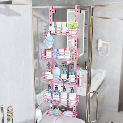 Over The Door Shower Caddy - 5 Tier Adjustable Shower Organizer Hanging with 2 Toothbrush Holders & 4 Hooks, Rustproof Organizer Shelf, Storage Rack for Bathroom, Pink