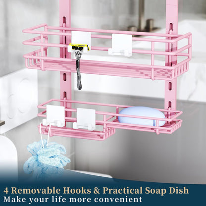 Over The Door Shower Caddy - 5 Tier Adjustable Shower Organizer Hanging with 2 Toothbrush Holders & 4 Hooks, Rustproof Organizer Shelf, Storage Rack for Bathroom, Pink