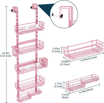 Over The Door Shower Caddy - 5 Tier Adjustable Shower Organizer Hanging with 2 Toothbrush Holders & 4 Hooks, Rustproof Organizer Shelf, Storage Rack for Bathroom, Pink