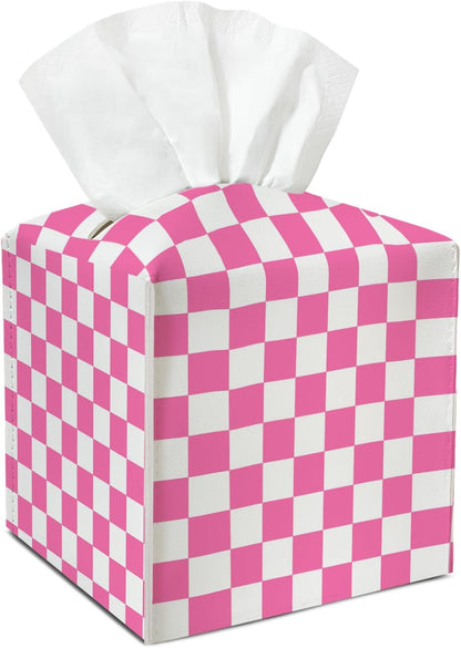 Pink Check Pattern Leather Tissue Box Cover Square Tissue Holder for Car Livingroom Office Decor Ideal Gifts for Women Colleagues Family Sister Bestie Daughter Birthday Christmas Housewarming - YT0187