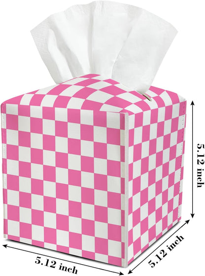 Pink Check Pattern Leather Tissue Box Cover Square Tissue Holder for Car Livingroom Office Decor Ideal Gifts for Women Colleagues Family Sister Bestie Daughter Birthday Christmas Housewarming - YT0187