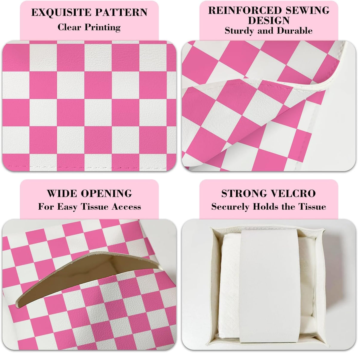 Pink Check Pattern Leather Tissue Box Cover Square Tissue Holder for Car Livingroom Office Decor Ideal Gifts for Women Colleagues Family Sister Bestie Daughter Birthday Christmas Housewarming - YT0187