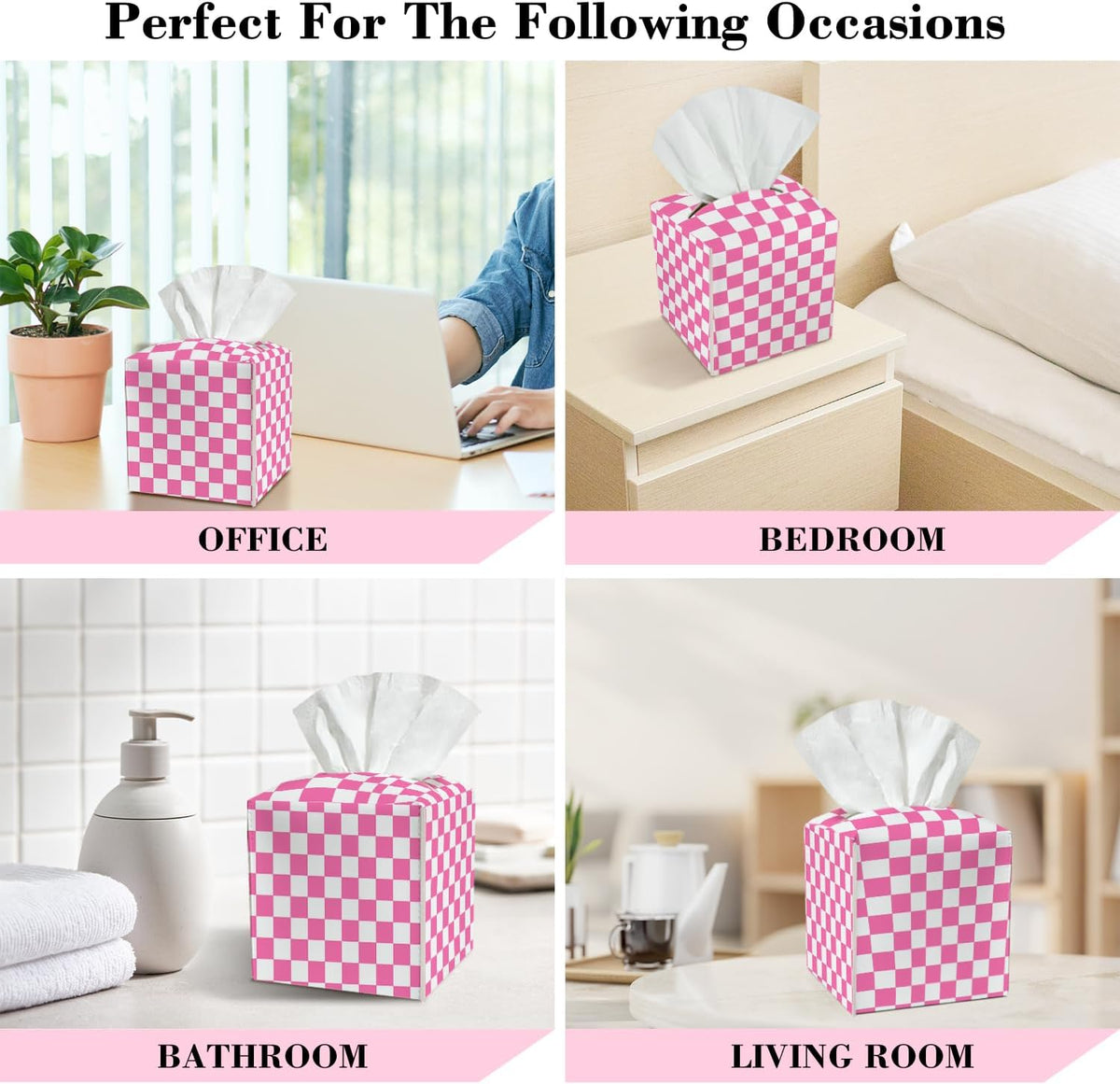 Pink Check Pattern Leather Tissue Box Cover Square Tissue Holder for Car Livingroom Office Decor Ideal Gifts for Women Colleagues Family Sister Bestie Daughter Birthday Christmas Housewarming - YT0187