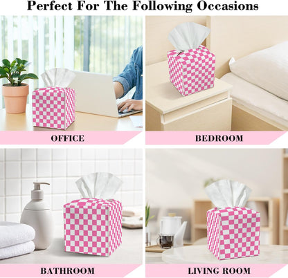 Pink Check Pattern Leather Tissue Box Cover Square Tissue Holder for Car Livingroom Office Decor Ideal Gifts for Women Colleagues Family Sister Bestie Daughter Birthday Christmas Housewarming - YT0187