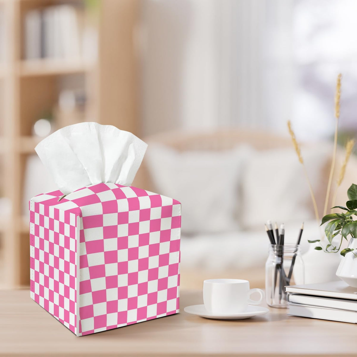 Pink Check Pattern Leather Tissue Box Cover Square Tissue Holder for Car Livingroom Office Decor Ideal Gifts for Women Colleagues Family Sister Bestie Daughter Birthday Christmas Housewarming - YT0187