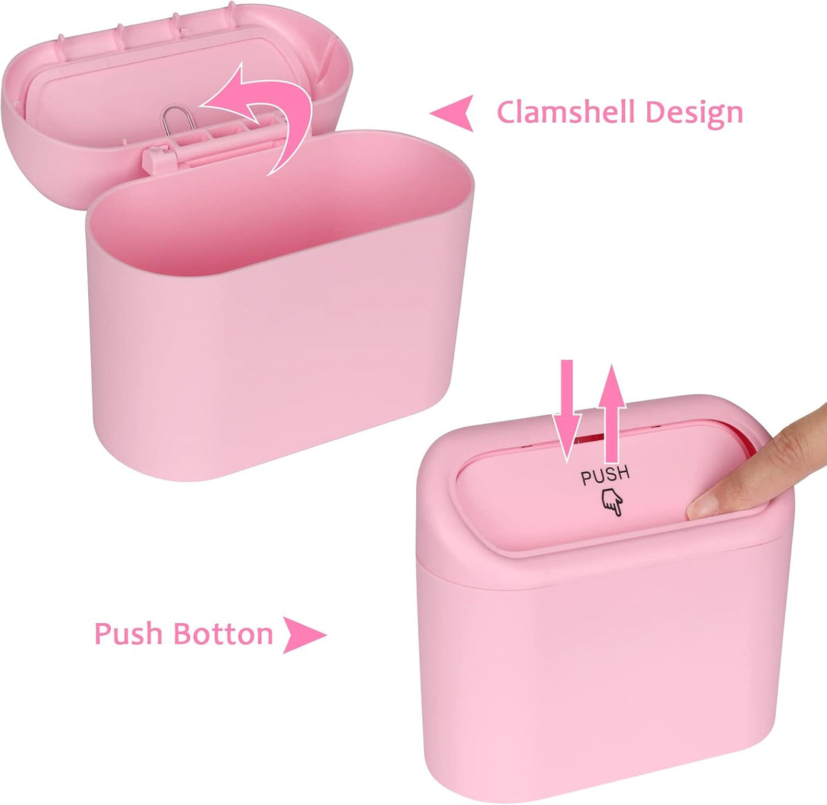Car Trash Can with Lid, Vehicle Trash Bin Car Dustbin Garbage Organizer Holder with One Roll Trash Bag, Portable Hanging Mini Leakproof Cars Storage Bag Container for Auto, SUV, Office (Pink)