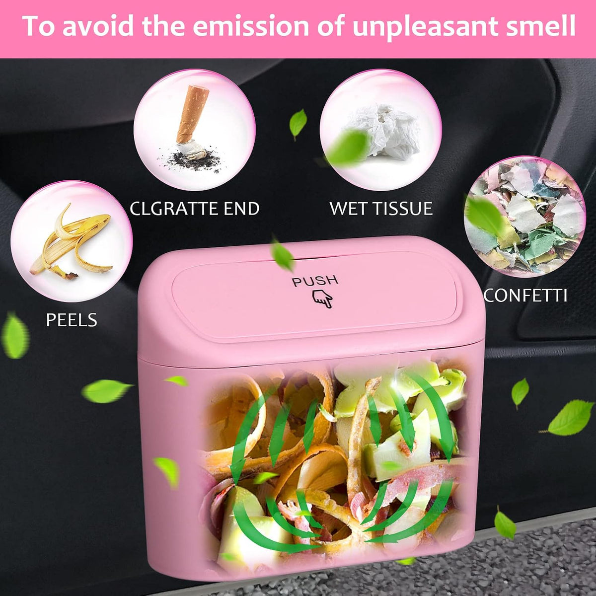 Car Trash Can with Lid, Vehicle Trash Bin Car Dustbin Garbage Organizer Holder with One Roll Trash Bag, Portable Hanging Mini Leakproof Cars Storage Bag Container for Auto, SUV, Office (Pink)