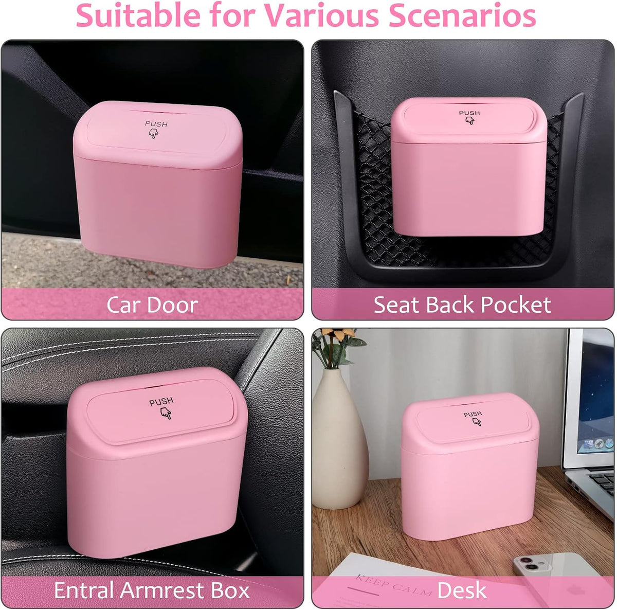 Car Trash Can with Lid, Vehicle Trash Bin Car Dustbin Garbage Organizer Holder with One Roll Trash Bag, Portable Hanging Mini Leakproof Cars Storage Bag Container for Auto, SUV, Office (Pink)