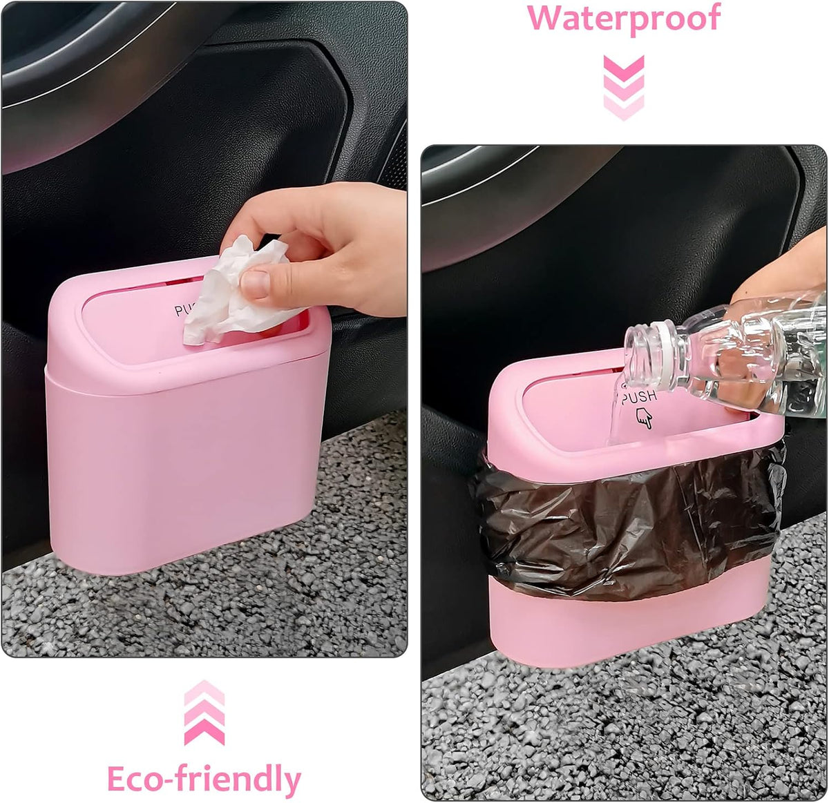 Car Trash Can with Lid, Vehicle Trash Bin Car Dustbin Garbage Organizer Holder with One Roll Trash Bag, Portable Hanging Mini Leakproof Cars Storage Bag Container for Auto, SUV, Office (Pink)