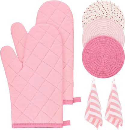 Pink Oven Mitts and Pot Holders with Kitchen Towels Set of 7, Valentine's Day Gift for Women Heat Resistant Oven Gloves Kitchen Hand Towels Hot Pads for Cooking Baking(Plaid)