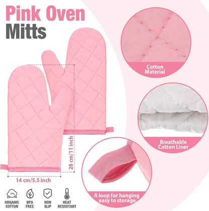 Pink Oven Mitts and Pot Holders with Kitchen Towels Set of 7, Valentine's Day Gift for Women Heat Resistant Oven Gloves Kitchen Hand Towels Hot Pads for Cooking Baking(Plaid)