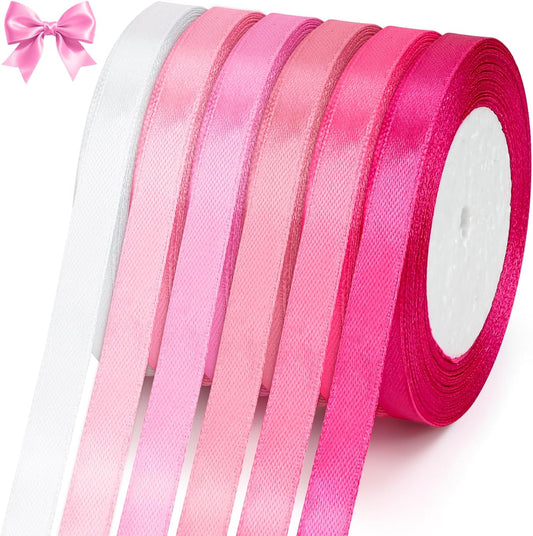144 Yards Pink Ribbon Thin 3/8 Inch x 6 Rolls, 24 Yd/Roll Light Hot Baby Bright Pink Satin Fabric Silk Ribbon Set Liston Rosa Pastel Gift Wrap Ribbons for Crafts Bows Flower Bouquet Balloons