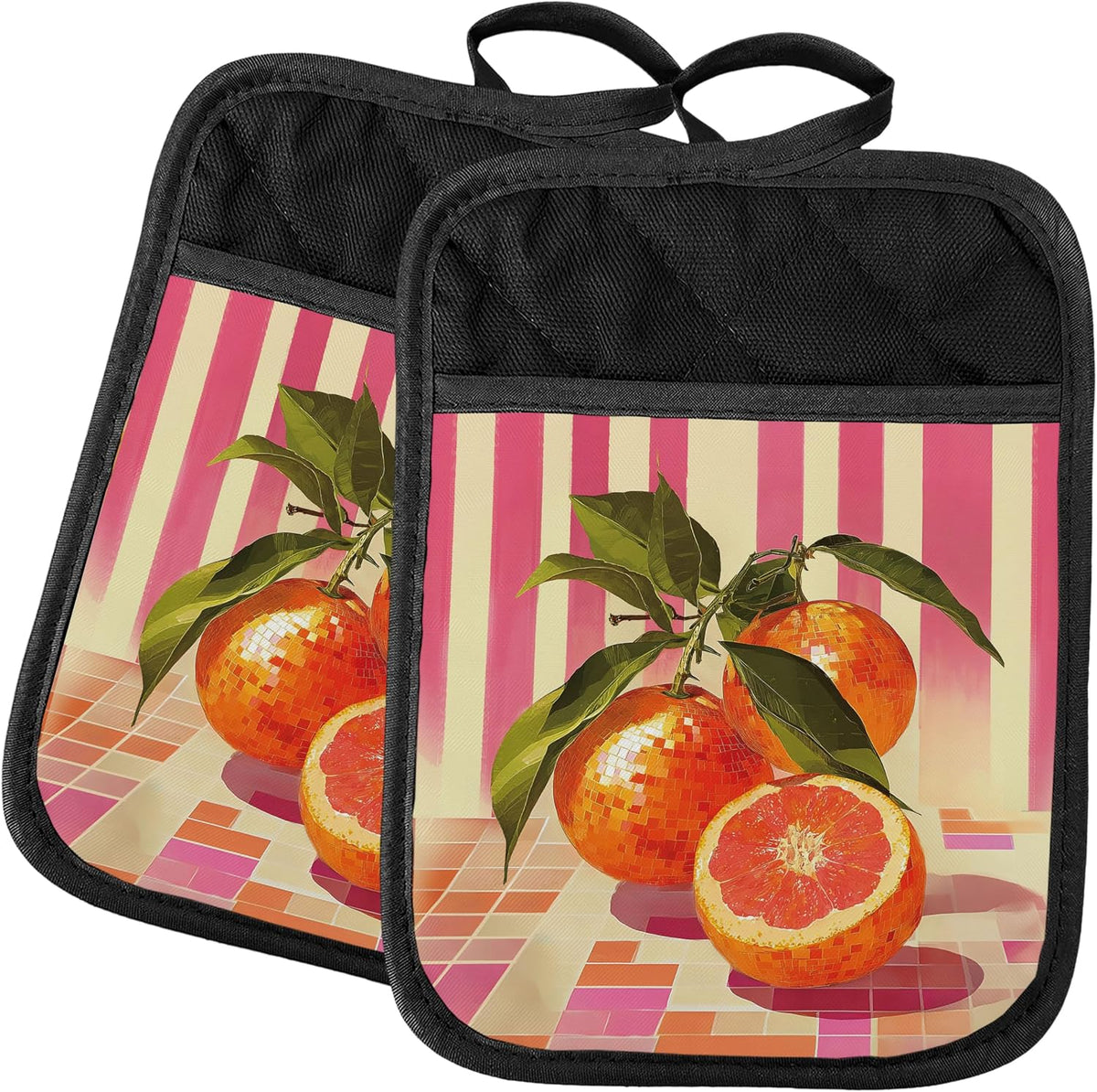 Trendy Disco Orange Fruit 2 Pcs Pot Holders with Pocket, Preppy Pink Funky Y2K Disco Ball Oranges Heat Resistant Potholders Hot Pad for Kitchen Baking Cooking