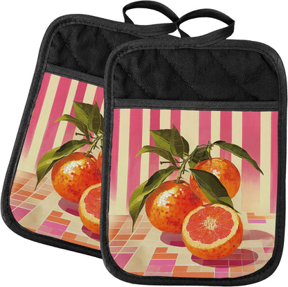 Trendy Disco Orange Fruit 2 Pcs Pot Holders with Pocket, Preppy Pink Funky Y2K Disco Ball Oranges Heat Resistant Potholders Hot Pad for Kitchen Baking Cooking