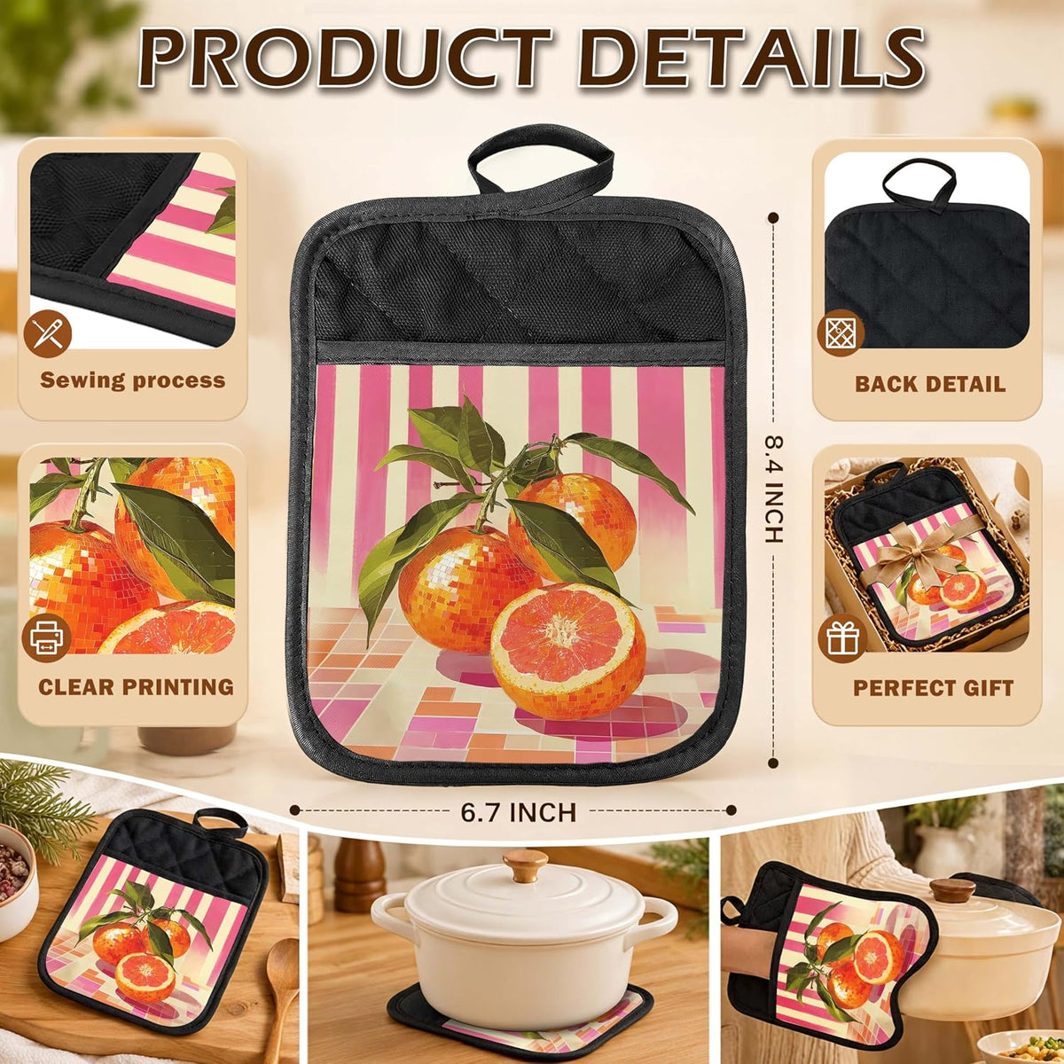 Trendy Disco Orange Fruit 2 Pcs Pot Holders with Pocket, Preppy Pink Funky Y2K Disco Ball Oranges Heat Resistant Potholders Hot Pad for Kitchen Baking Cooking