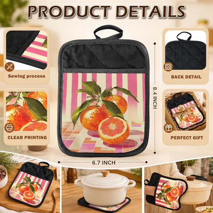 Trendy Disco Orange Fruit 2 Pcs Pot Holders with Pocket, Preppy Pink Funky Y2K Disco Ball Oranges Heat Resistant Potholders Hot Pad for Kitchen Baking Cooking