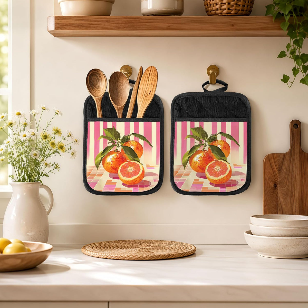Trendy Disco Orange Fruit 2 Pcs Pot Holders with Pocket, Preppy Pink Funky Y2K Disco Ball Oranges Heat Resistant Potholders Hot Pad for Kitchen Baking Cooking