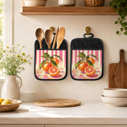 Trendy Disco Orange Fruit 2 Pcs Pot Holders with Pocket, Preppy Pink Funky Y2K Disco Ball Oranges Heat Resistant Potholders Hot Pad for Kitchen Baking Cooking