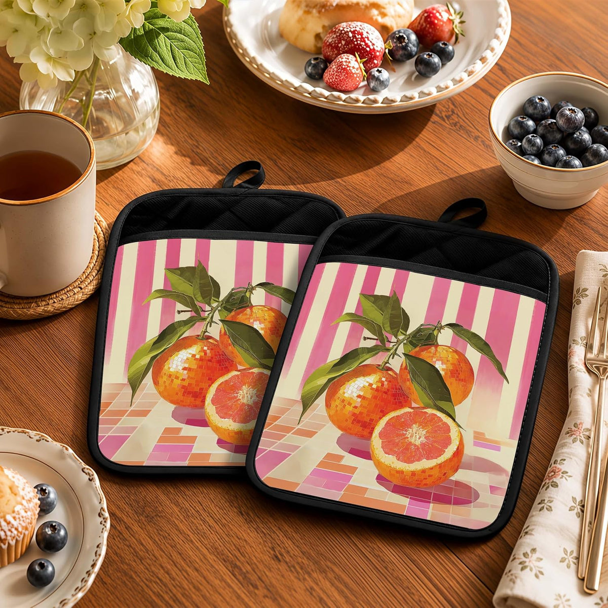 Trendy Disco Orange Fruit 2 Pcs Pot Holders with Pocket, Preppy Pink Funky Y2K Disco Ball Oranges Heat Resistant Potholders Hot Pad for Kitchen Baking Cooking