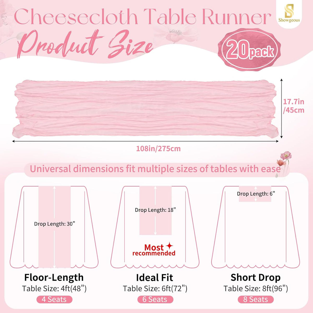 20 Pack Light Pink Cheesecloth Table Runner, 17 x 108 Inches
