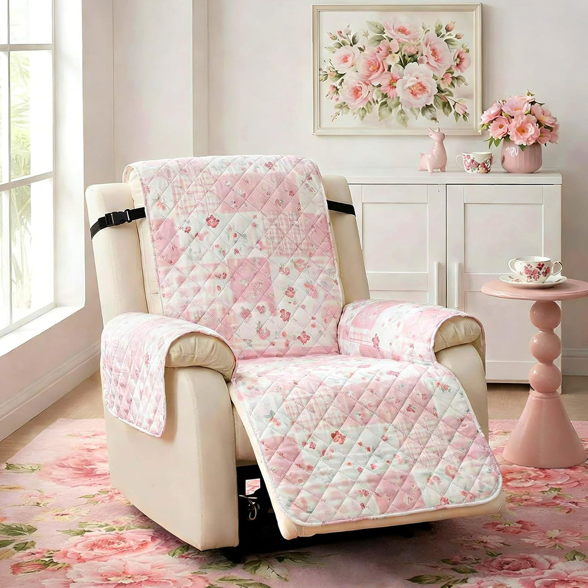 Pink Patchwork Recliner Chair Cover Flower Recliner Slipcover
