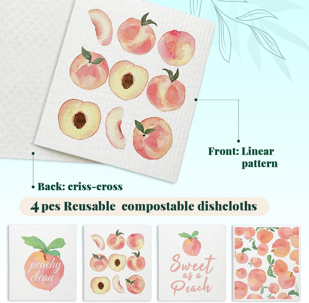 Peach Swedish Dishcloths for Kitchen 4 Pack Reusable Funny