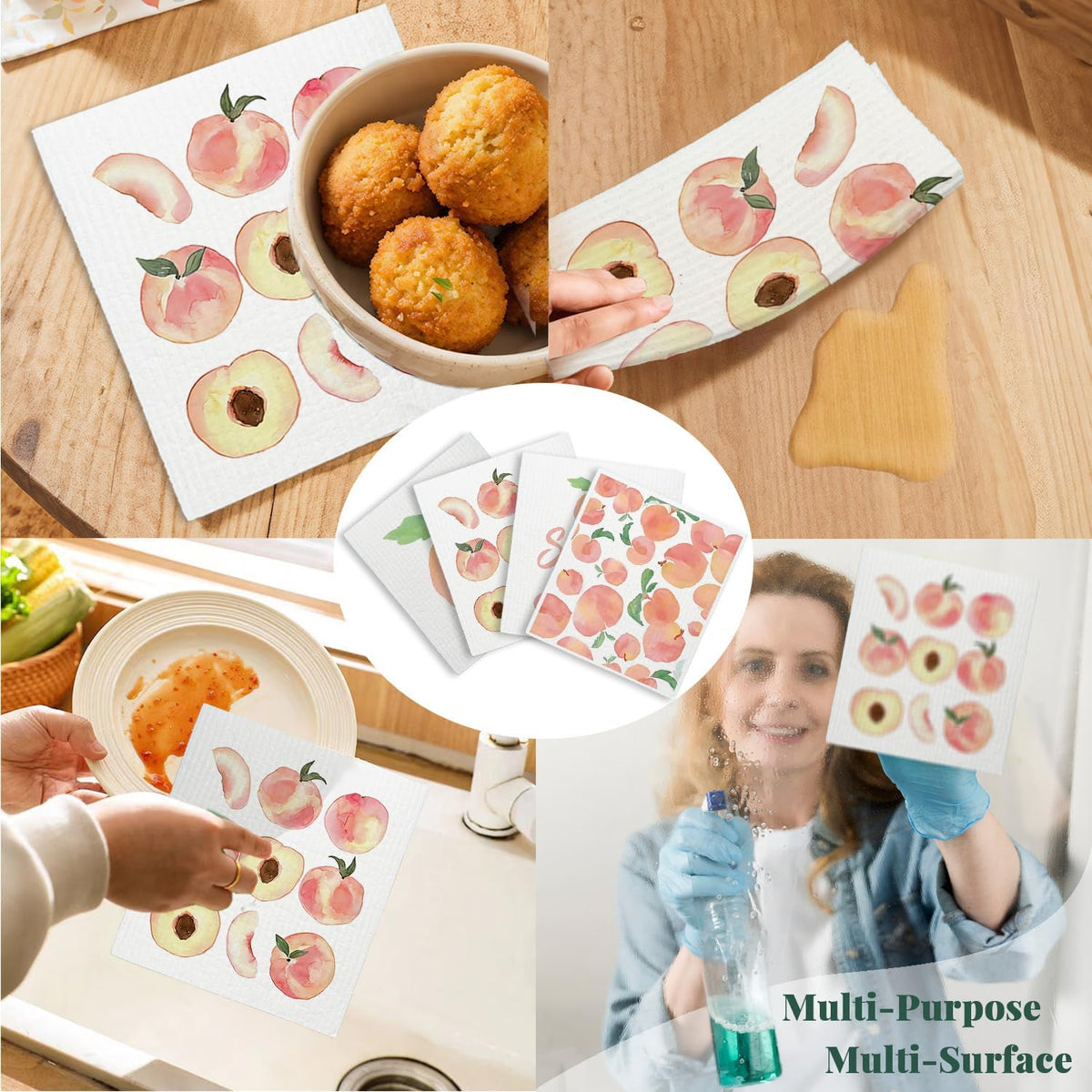 Peach Swedish Dishcloths for Kitchen 4 Pack Reusable Funny
