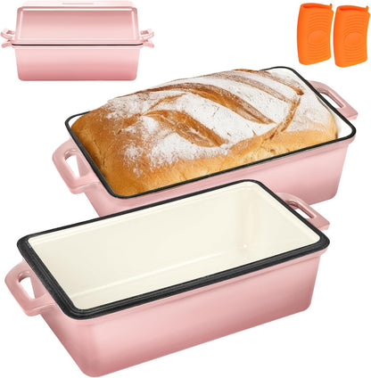 Enameled Cast Iron Bread Loaf Pan with Lid, 9x5 Sourdough Baking Pans for Homemade Bread, Cake, Meatloaf, Even Heating Bread Pans, 2-Piece Set, Pink