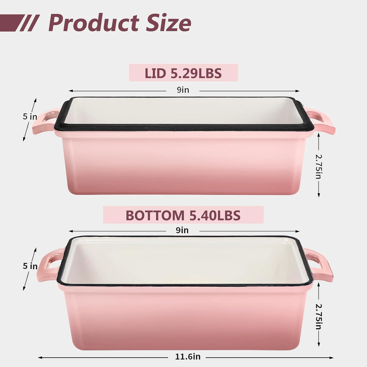 Enameled Cast Iron Bread Loaf Pan with Lid, 9x5 Sourdough Baking Pans for Homemade Bread, Cake, Meatloaf, Even Heating Bread Pans, 2-Piece Set, Pink