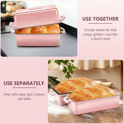 Enameled Cast Iron Bread Loaf Pan with Lid, 9x5 Sourdough Baking Pans for Homemade Bread, Cake, Meatloaf, Even Heating Bread Pans, 2-Piece Set, Pink
