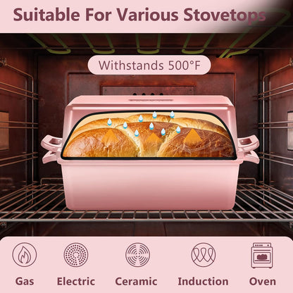 Enameled Cast Iron Bread Loaf Pan with Lid, 9x5 Sourdough Baking Pans for Homemade Bread, Cake, Meatloaf, Even Heating Bread Pans, 2-Piece Set, Pink
