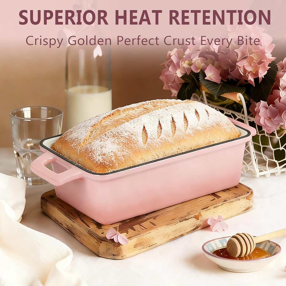 Enameled Cast Iron Bread Loaf Pan with Lid, 9x5 Sourdough Baking Pans for Homemade Bread, Cake, Meatloaf, Even Heating Bread Pans, 2-Piece Set, Pink