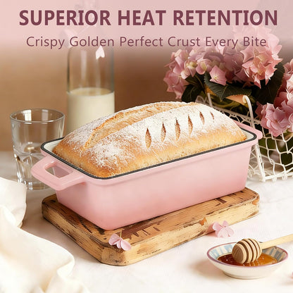 Enameled Cast Iron Bread Loaf Pan with Lid, 9x5 Sourdough Baking Pans for Homemade Bread, Cake, Meatloaf, Even Heating Bread Pans, 2-Piece Set, Pink