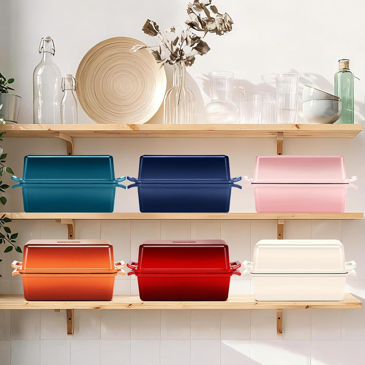 Enameled Cast Iron Bread Loaf Pan with Lid, 9x5 Sourdough Baking Pans for Homemade Bread, Cake, Meatloaf, Even Heating Bread Pans, 2-Piece Set, Pink
