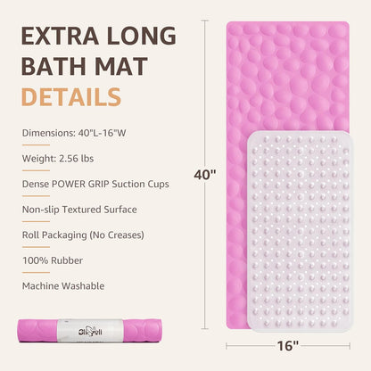 Bathtub Mat Non Slip, 16x40 inch Extra Long Bath Tub Mat with Strong Suction Cups, Soft Rubber Bathroom Floor Mat, Machine Washable, 100% BPA Free (Pink)
