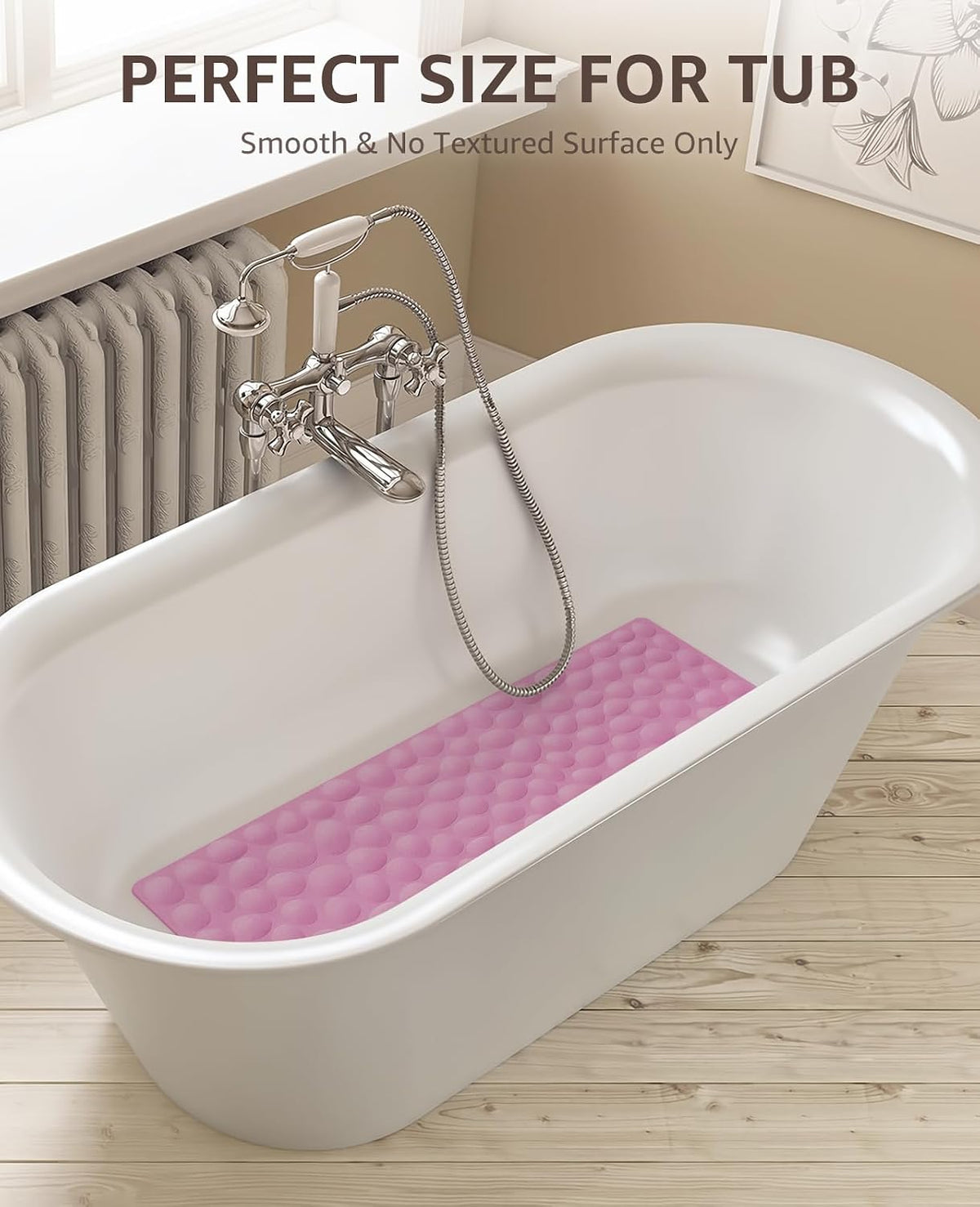 Bathtub Mat Non Slip, 16x40 inch Extra Long Bath Tub Mat with Strong Suction Cups, Soft Rubber Bathroom Floor Mat, Machine Washable, 100% BPA Free (Pink)