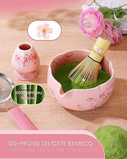 Matcha Whisk Set, 6pcs Matcha Kit Includes Large Matcha Bowl, Bamboo Whisk & Scoop with Cute Charm, Chasen Holder, Innovative Sifter, Tea Mat for Japanese Tea Ceremony-Floral Pattern